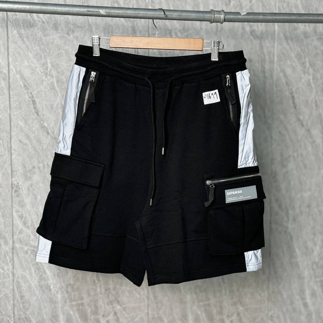 【熊猫】-01699夏季黑色拼接3M反光银 工装口袋松紧腰短裤 4B-6-4