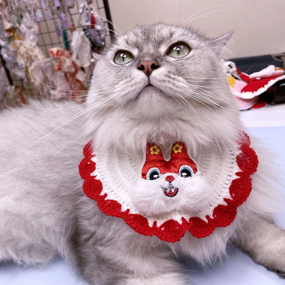 红色醒狮兔子喜庆狗狗猫咪手工宠物围脖围巾针织可爱口水巾围兜