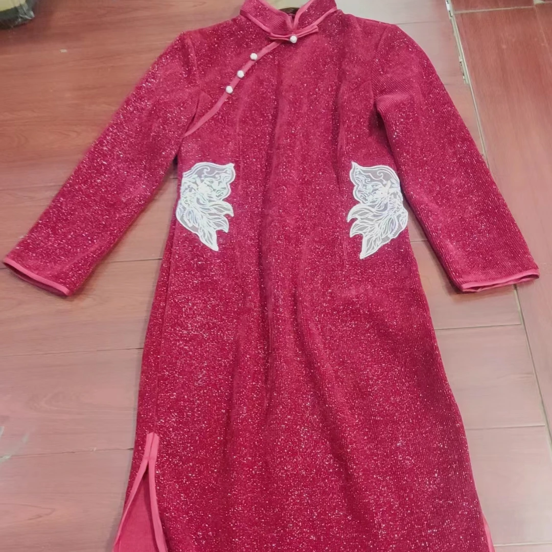 恬子梦 E029 秋冬长袖雪尼尔中国风酒红色中式拜年服