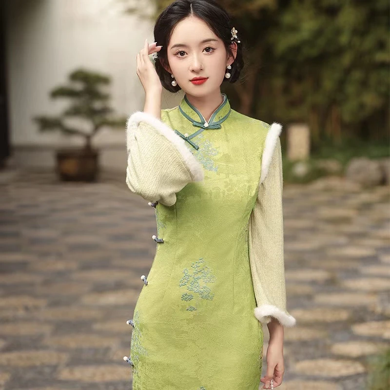 恬子梦 T476 秋季新款 侧八扣倒大袖旗袍 裙长120