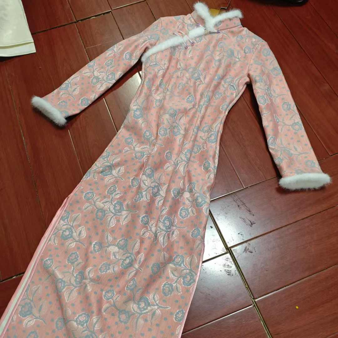 恬子梦 T570 冬季新款 青花粉 裙长120 加绒加厚长袖旗袍