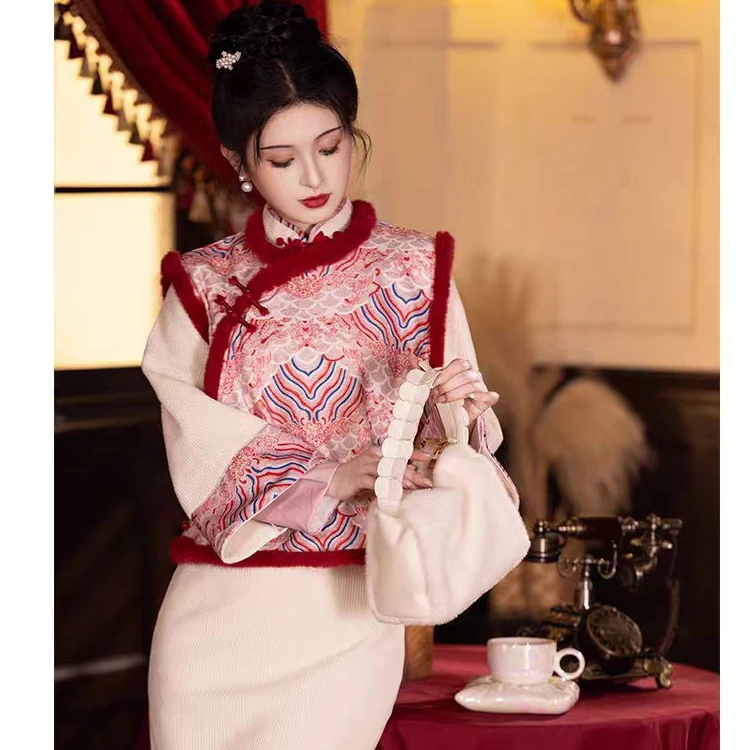 恬子梦 T558 冬季 福如东海 裙长110 加绒加厚长袖旗袍两件套