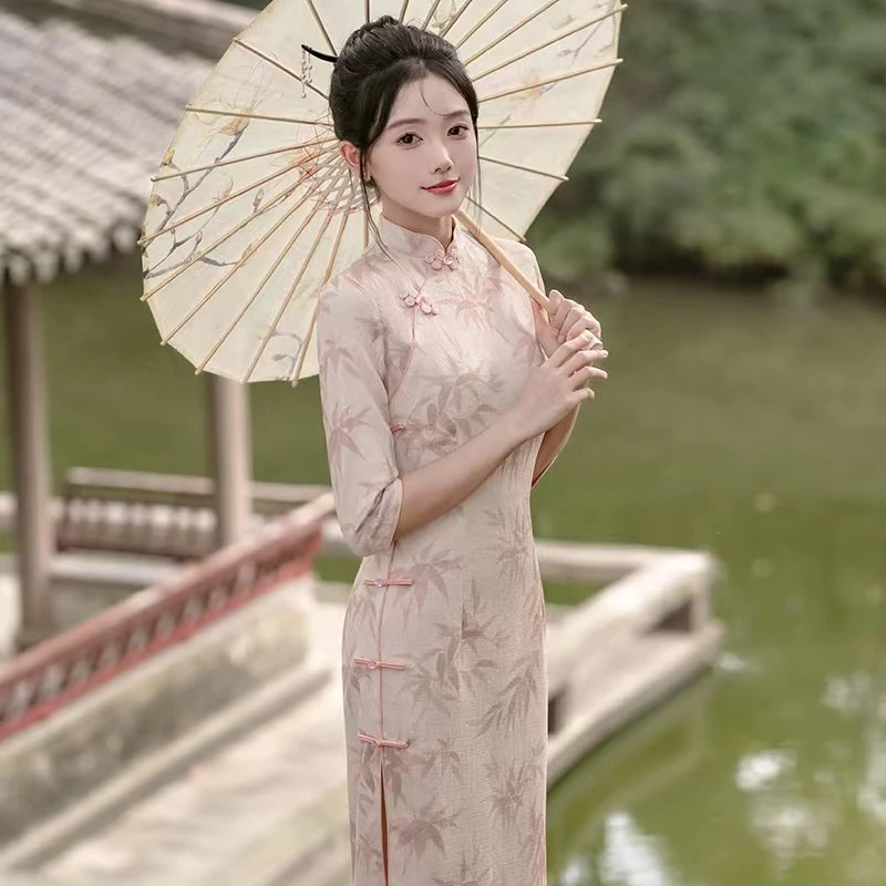 恬子梦 A334 春季粉色竹叶衣长110-115CM  旗袍