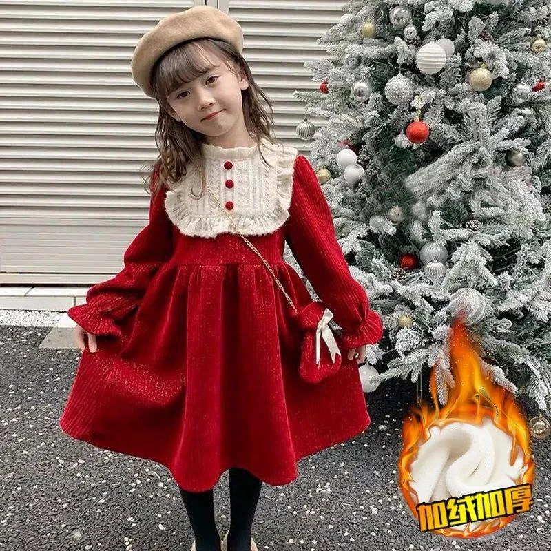 女童加绒连衣裙冬季新款女宝宝公主裙秋冬儿童拜年服童装裙子
