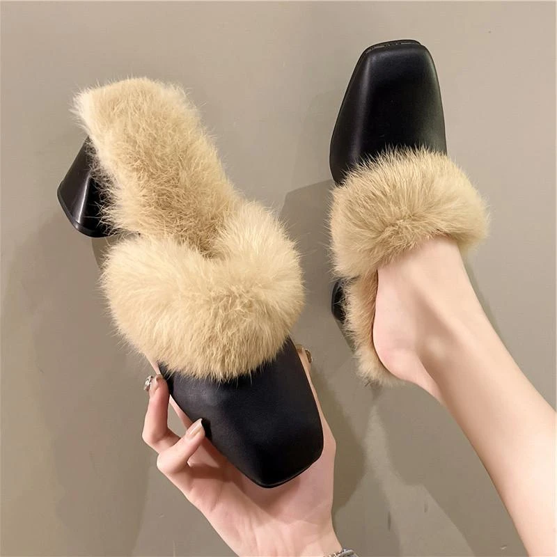 2024春季高档毛毛鞋新款粗跟增高毛毛半拖鞋外穿网红百搭防滑时尚