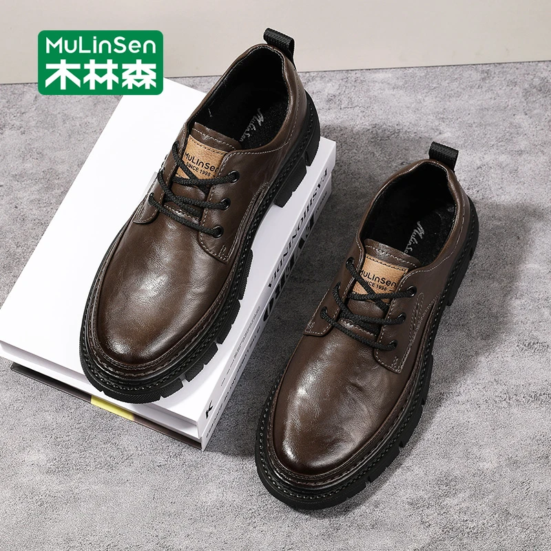 木林森皮鞋男款2024新款棕色复古商务休闲鞋秋冬英伦风厚底马丁靴