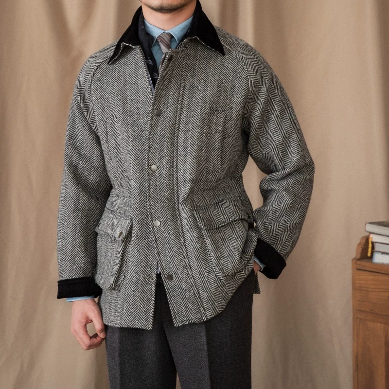 鹿三先生羊毛人字纹重磅复古冬季保暖夹克复古翻领加厚外套硬汉装