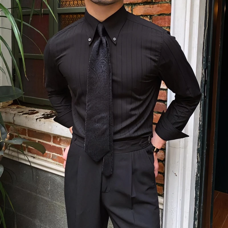 鹿三先生英伦时尚商务修身白色条纹长袖衬衫高质感免烫薄款衬衣男