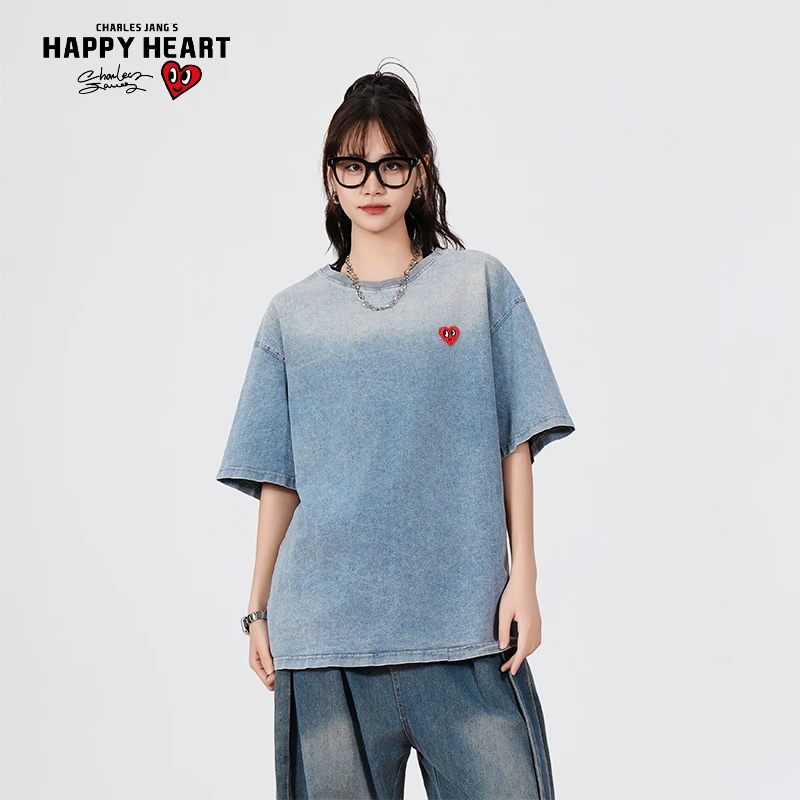 查尔斯桃心 2024夏季新款蓝色慵懒风短袖t恤男女同款宽松设计感