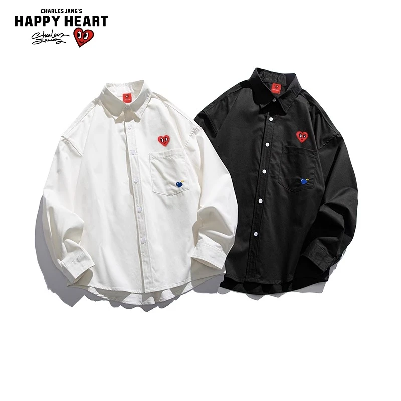 【明星同款】查尔斯桃心 长袖衬衫男春秋夏季纯棉宽松爱心刺绣衬衣