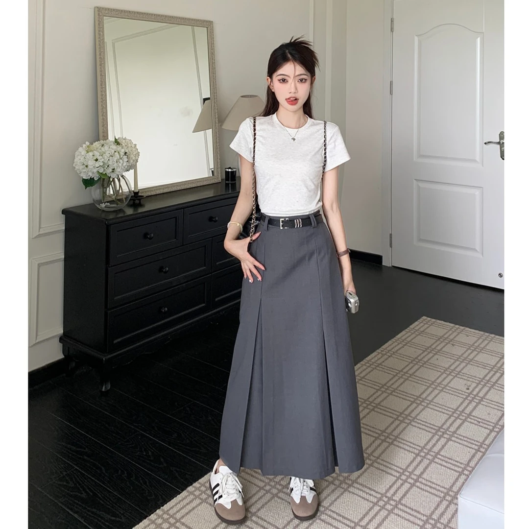韩系学院风灰色西装裙女垂感半身裙早秋气质高腰显瘦A字裙长裙子