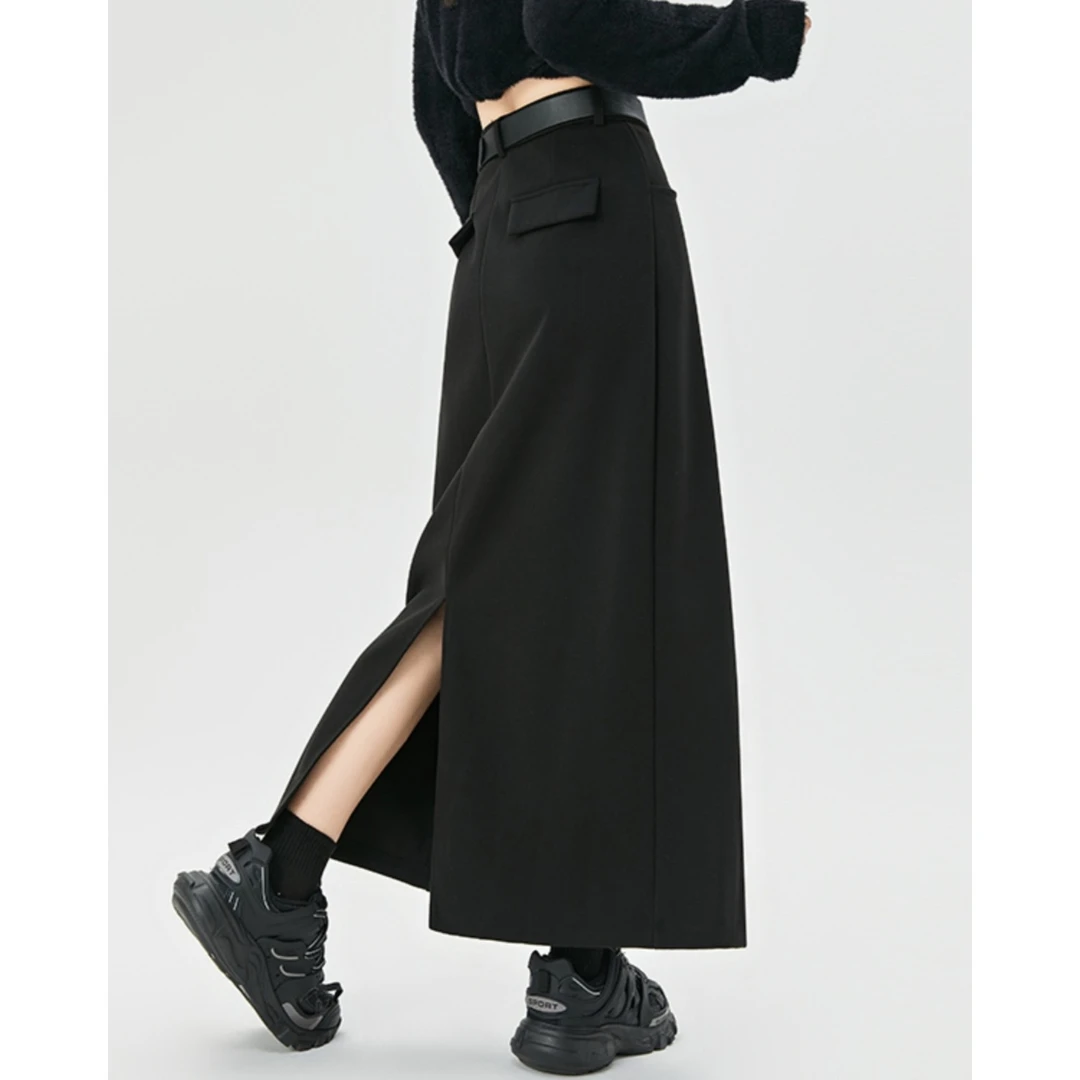 黑色毛呢半身裙女显瘦高腰开叉中长裙2025秋冬新款奥黛丽休闲裙子