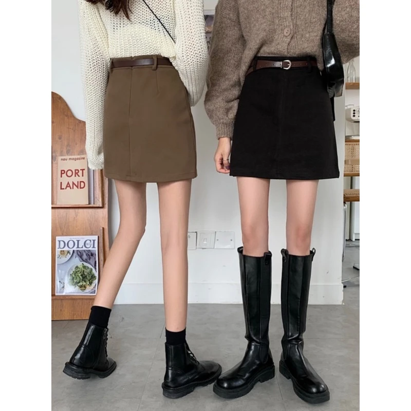 气质黑色半身裙女士秋装小个子高腰显瘦毛呢半步裙子棕色包臀短裙