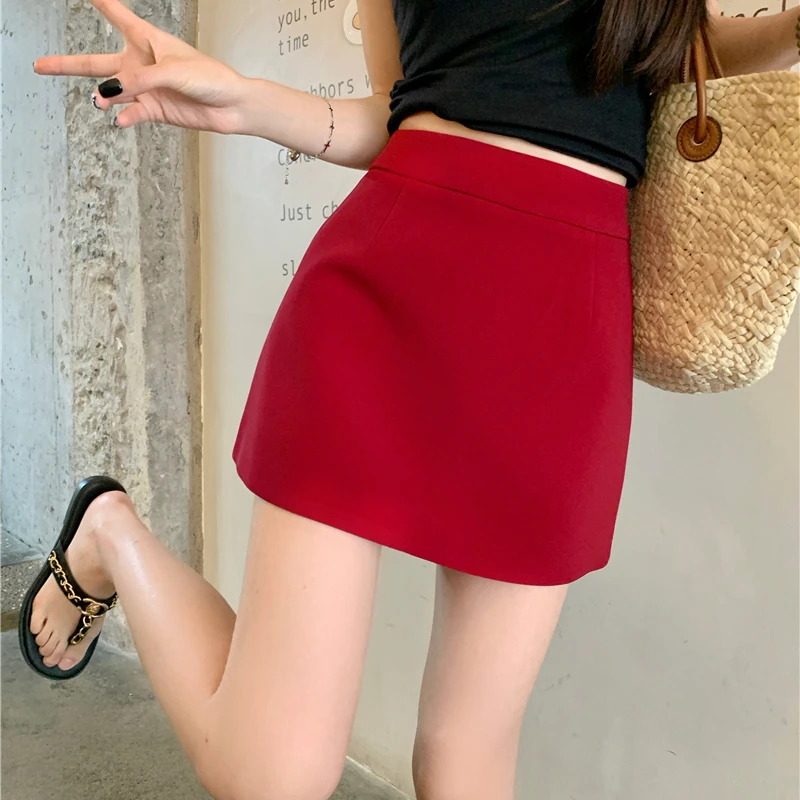 复古红色显白显瘦半身裙女2025夏季甜辣妹百搭显瘦A字防走光短裙
