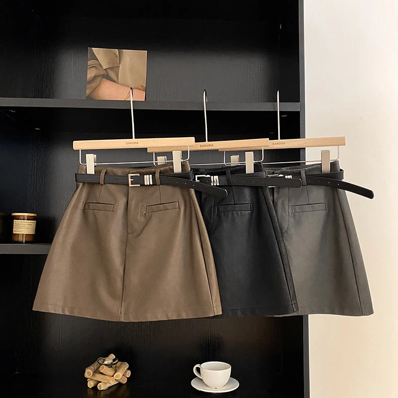 ins网红高腰防走光PU皮A字半身裙女2024春秋新款个性百搭黑色短裙