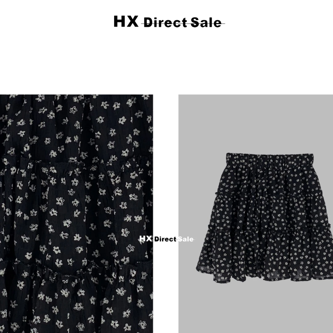 韩希 黑色碎花松紧半身裙女韩系减龄a字蛋糕裙短裙2025夏季新款