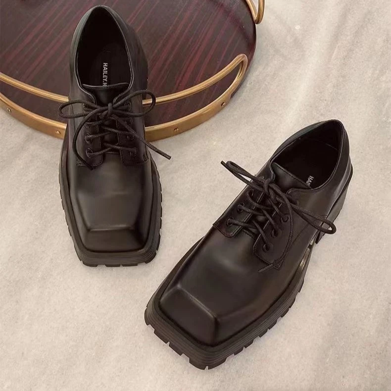 英伦风方头厚底小皮鞋复古显瘦真皮粗跟女士百搭时尚休闲