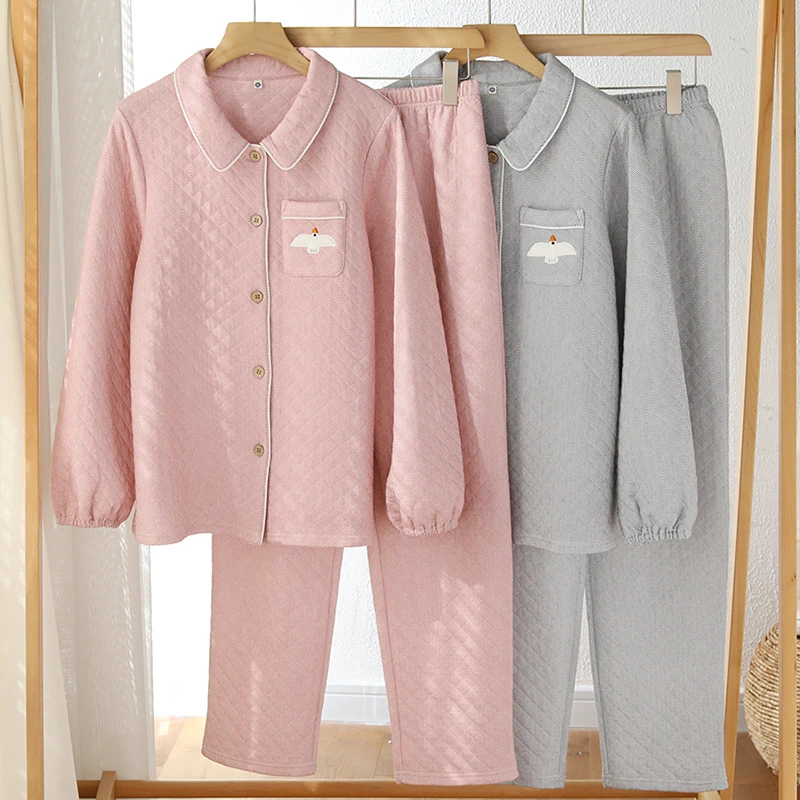 【年终清货专区】山月纯棉空气棉薄夹棉女睡衣家居服套装LZ2341