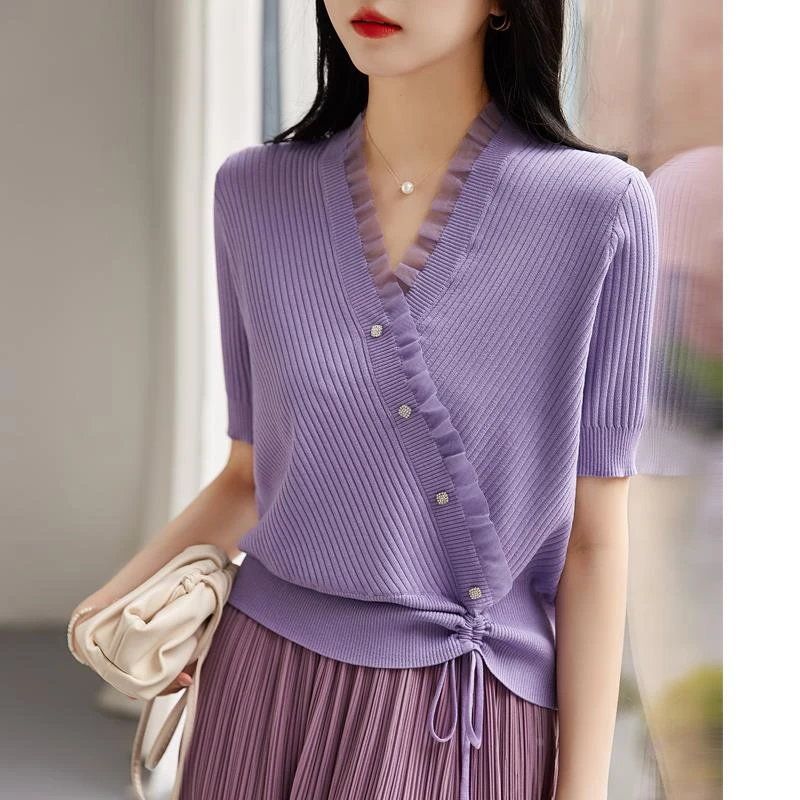 木耳边紫针织衫女薄款短款夏季短袖t恤轻奢高端小个子上衣纯色