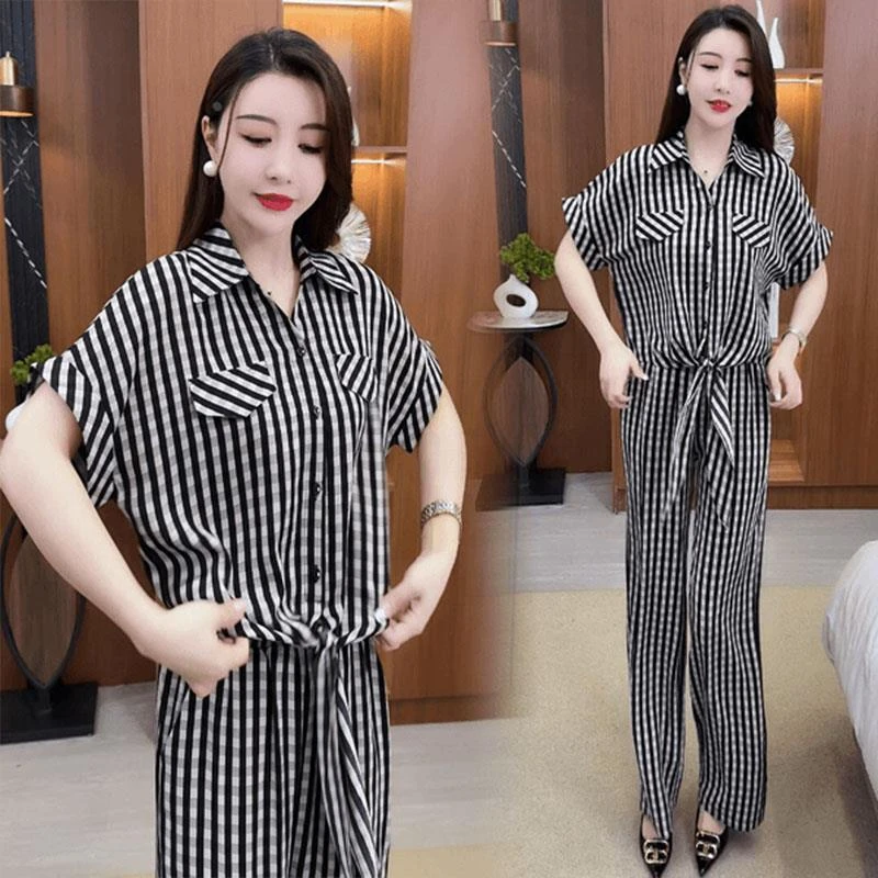 今年流行时尚套装女士2025夏季新款遮肚子显瘦条纹短袖阔腿两件套