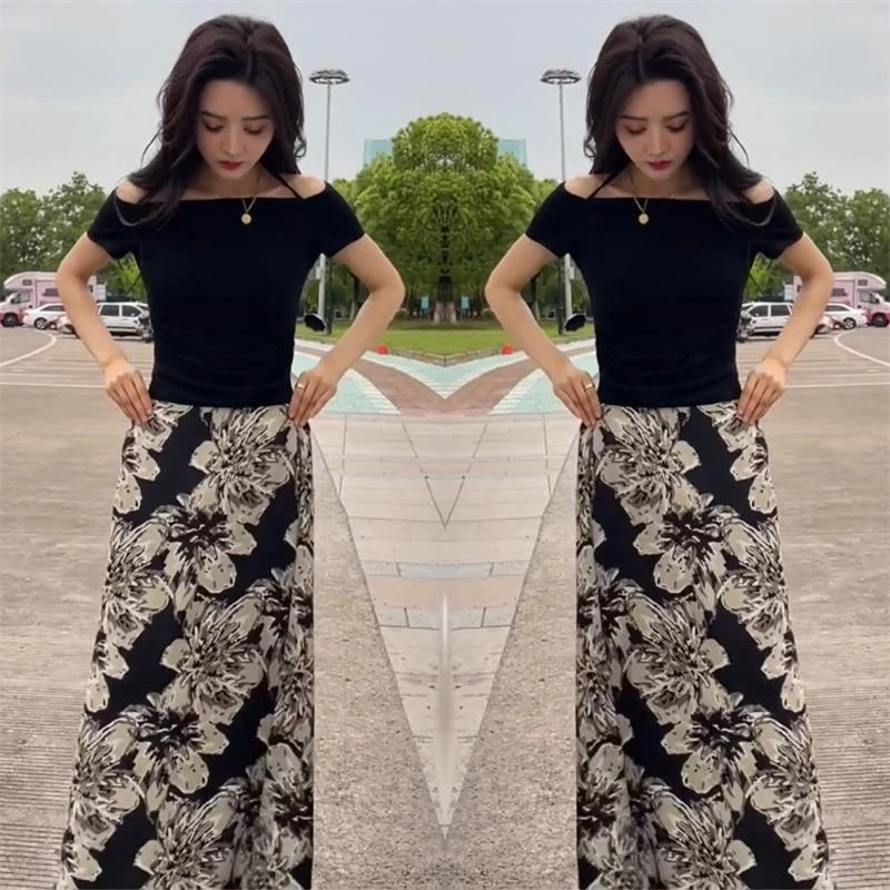 2025年夏季女装新款抖音网红时尚显瘦一字肩上衣碎花半身裙两件套