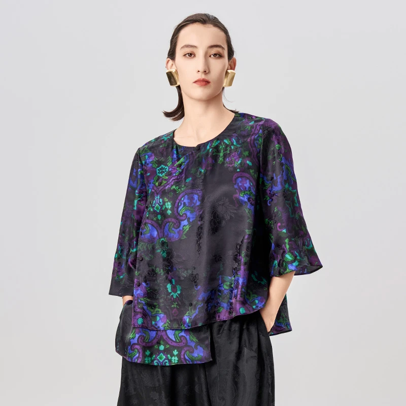 轮廓幻境提花印花中式衬衫复古中国风圆领中式上衣时尚L241Y074