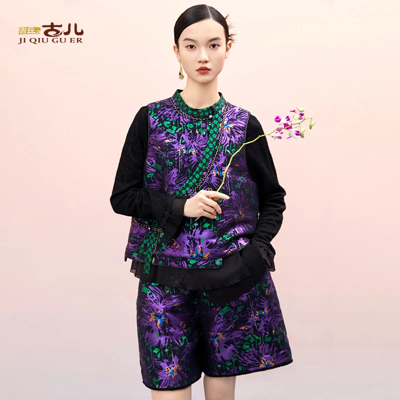 吉丘古儿烟火织金提花马甲中式古典时尚立领休闲通勤马夹G243Y060