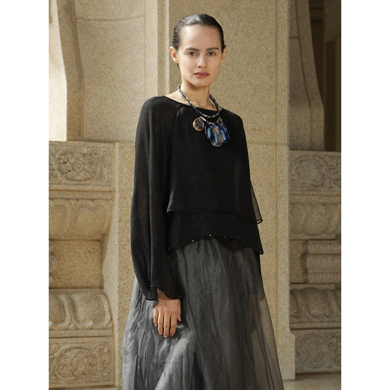 轮廓设计师款长袖T恤L221Y030欧根纱拼接复古通勤宽松百搭打底衫