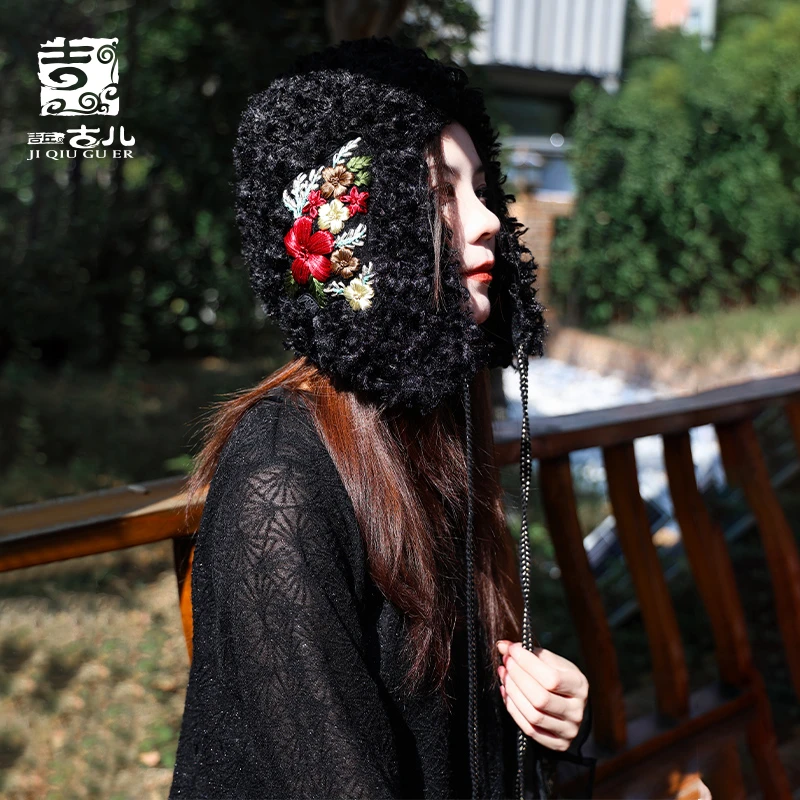 吉丘古儿复古刺绣护耳帽秋冬雪尼尔保暖时尚原创设计帽子G233A002