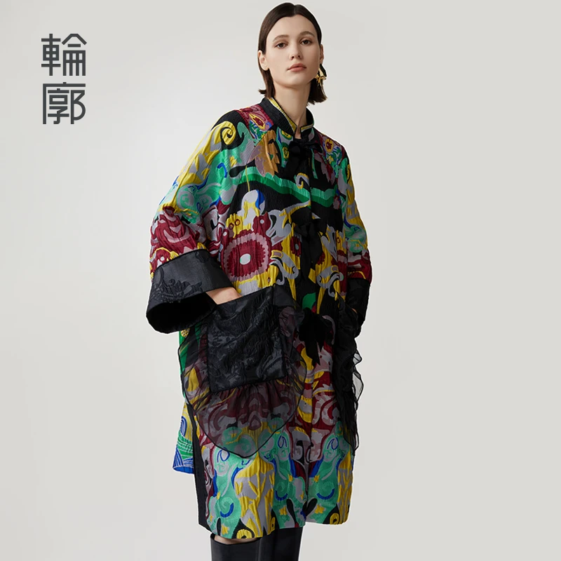 轮廓虚无国风新中式提花外套复古休闲宽松百搭中长款风衣L243Y077