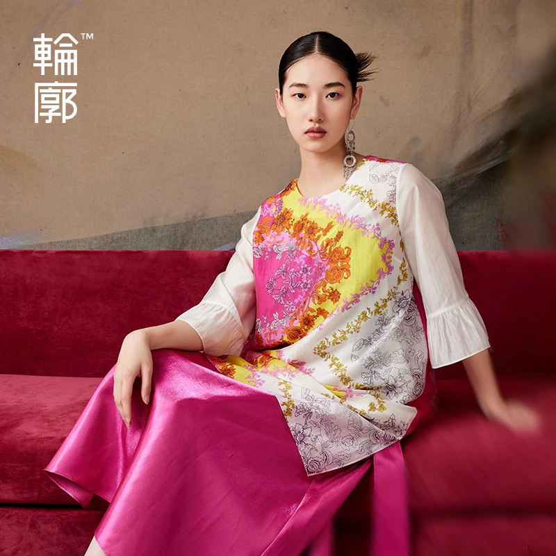 轮廓潮流印花夏季L232Y040木耳边拼接袖宽松时尚圆领中长裙套装