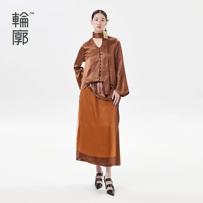 轮廓原创复古衬衫设计师款通勤飘带上衣新中式提花衬衣L231Y011