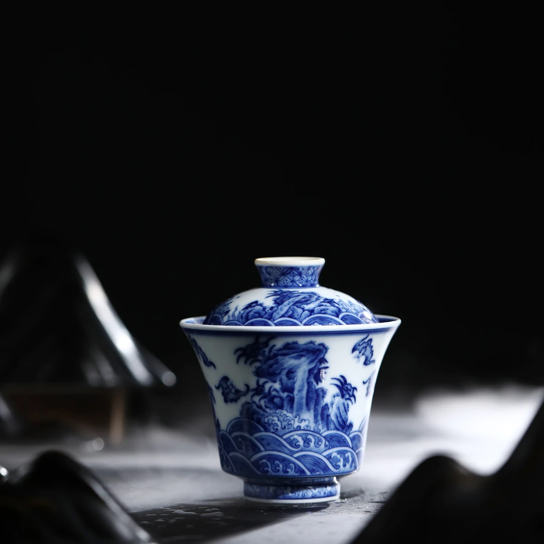 天御景窑福山寿海盖碗陶瓷高端青花白瓷盖碗大号茶具两才马蹄