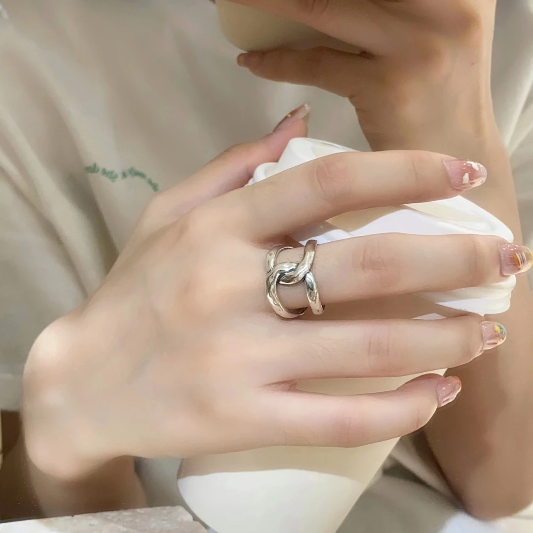 925银戒指 《博主腔调》韩版时尚个性冷淡风双C交叉开口纯银戒指