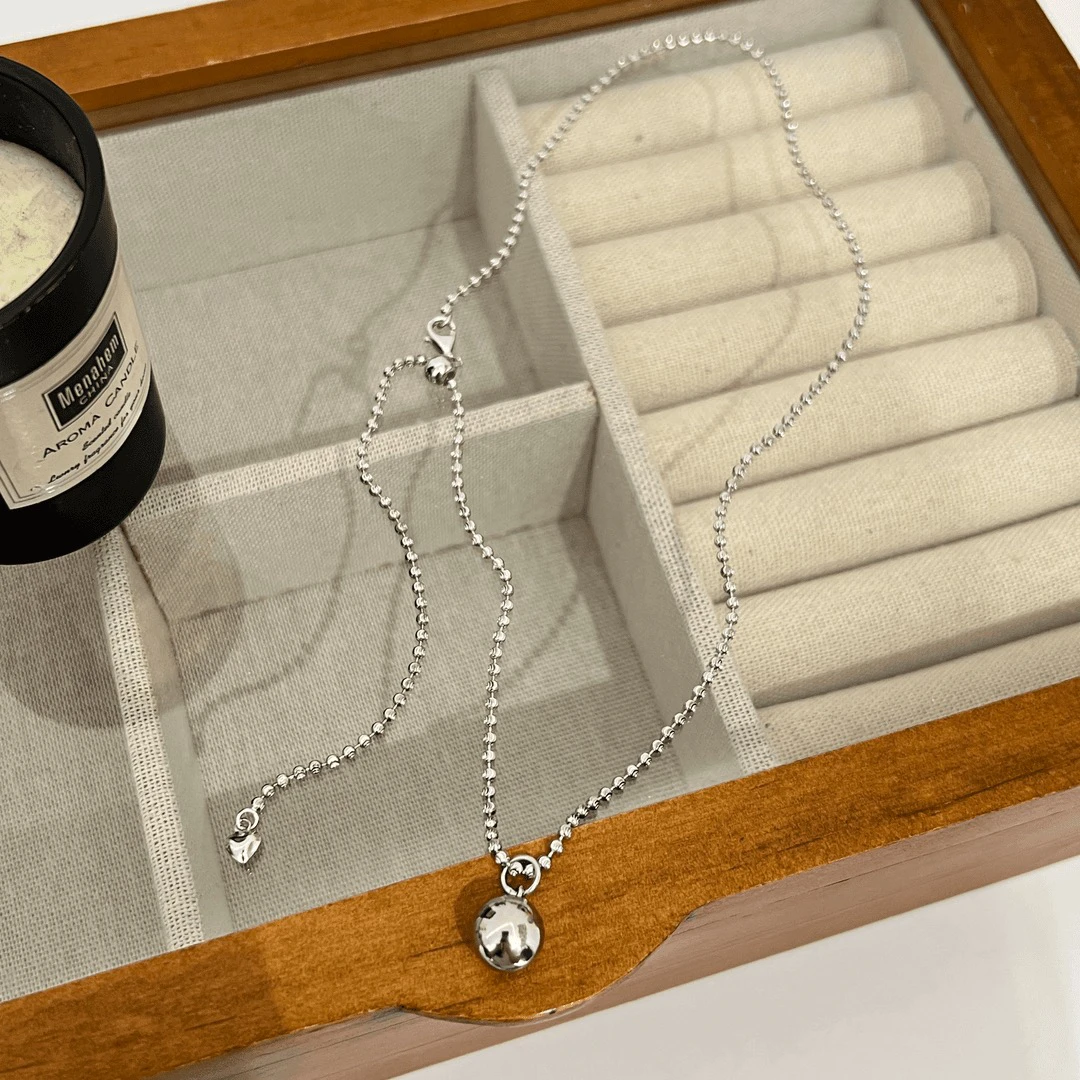 坠链均925银 轻奢简约时尚小众设计感光面球球抽拉纯银项链50cm