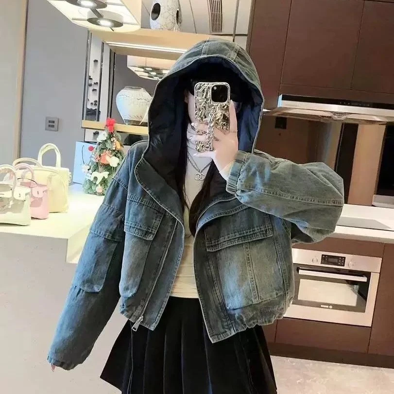 羽绒内胆轻薄加绒牛仔外套女短款两面穿上衣夹克秋冬新款派克服