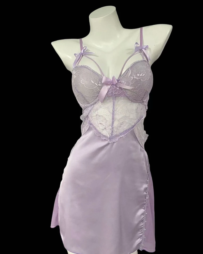 性感蕾丝诱惑钢圈聚拢睡衣露背胸垫吊带裙家居服纯欲风法式套装