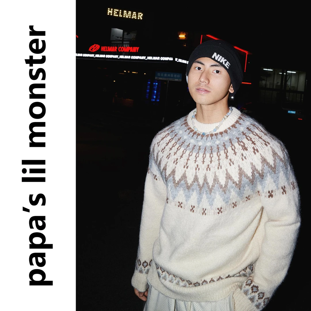 PAPASLILMONSTER美式学院风氛围感圆领毛衣男菱格针织开衫外套女