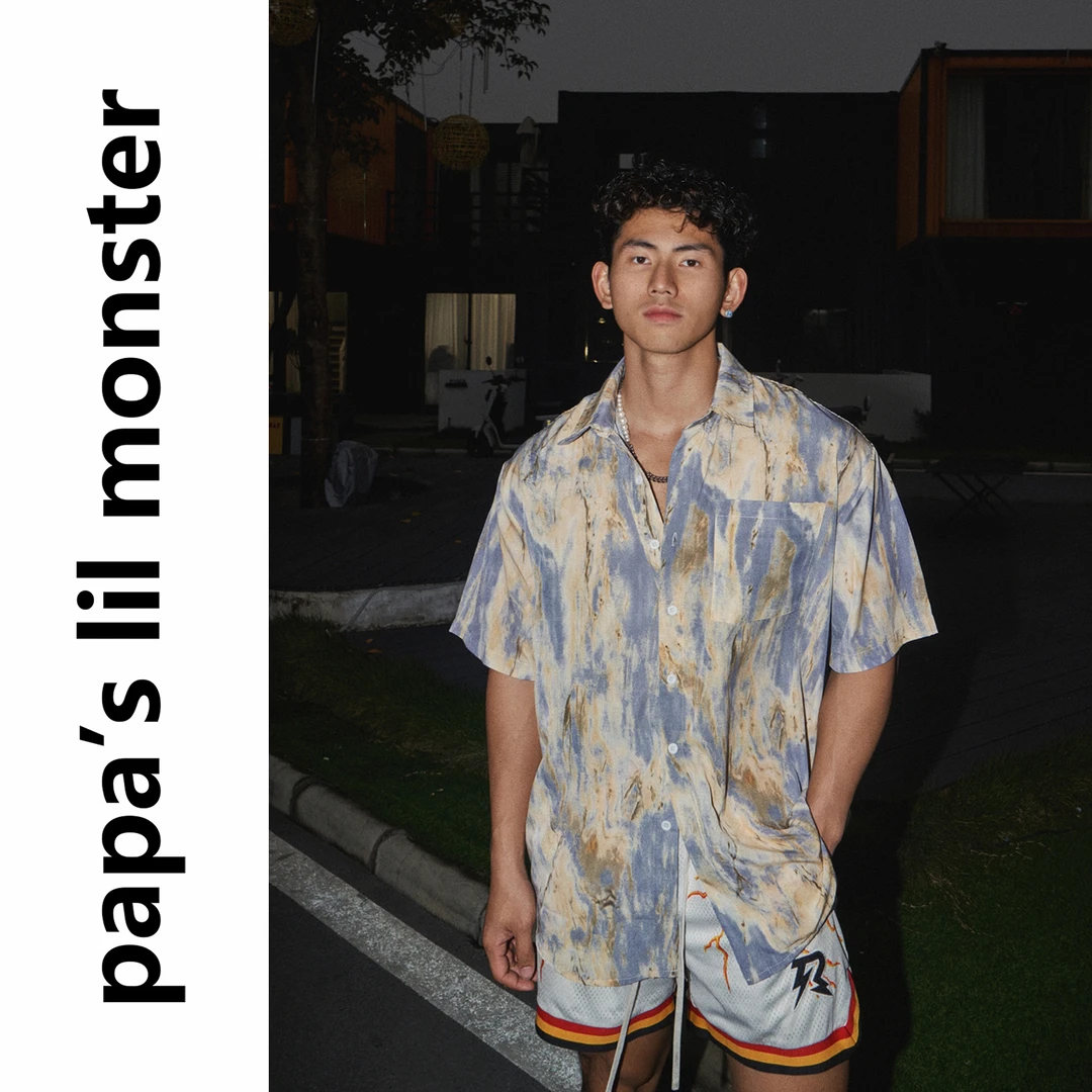 lil monster美式休闲宽松短袖衬衫小众潮牌抽象夏季撞色情侣衬衣