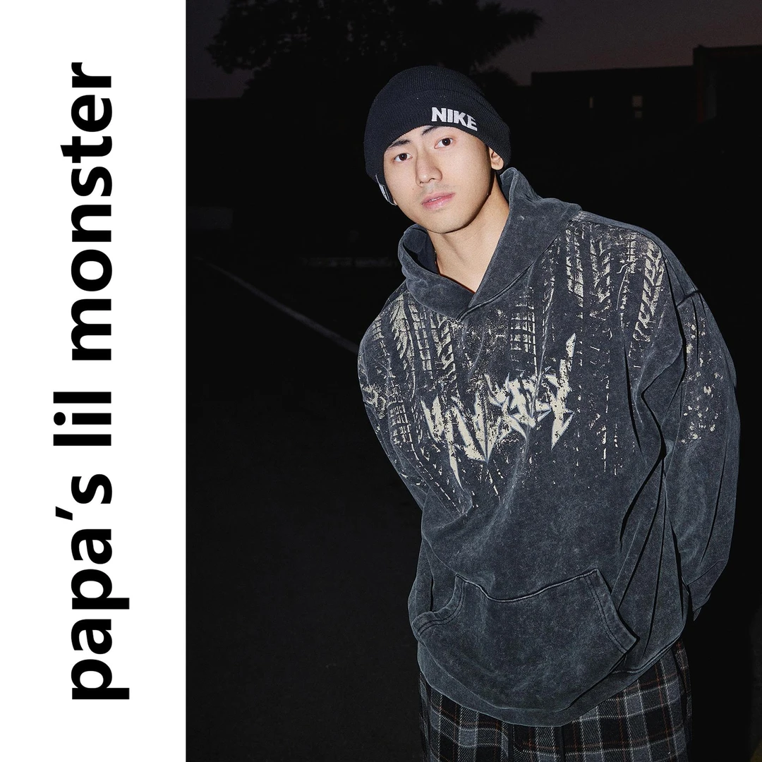 PAPASLILMONSTER秋冬美式连帽加绒卫衣做旧水洗锈迹宽松套头上衣