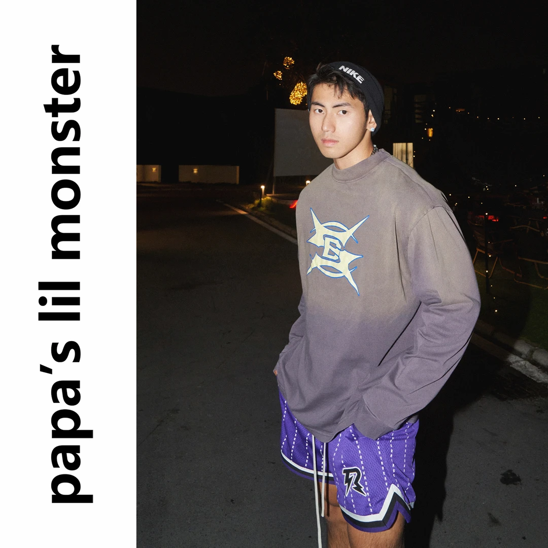 lil monster 美式街头水洗渐变圆领T恤男 百搭休闲宽松长袖上衣