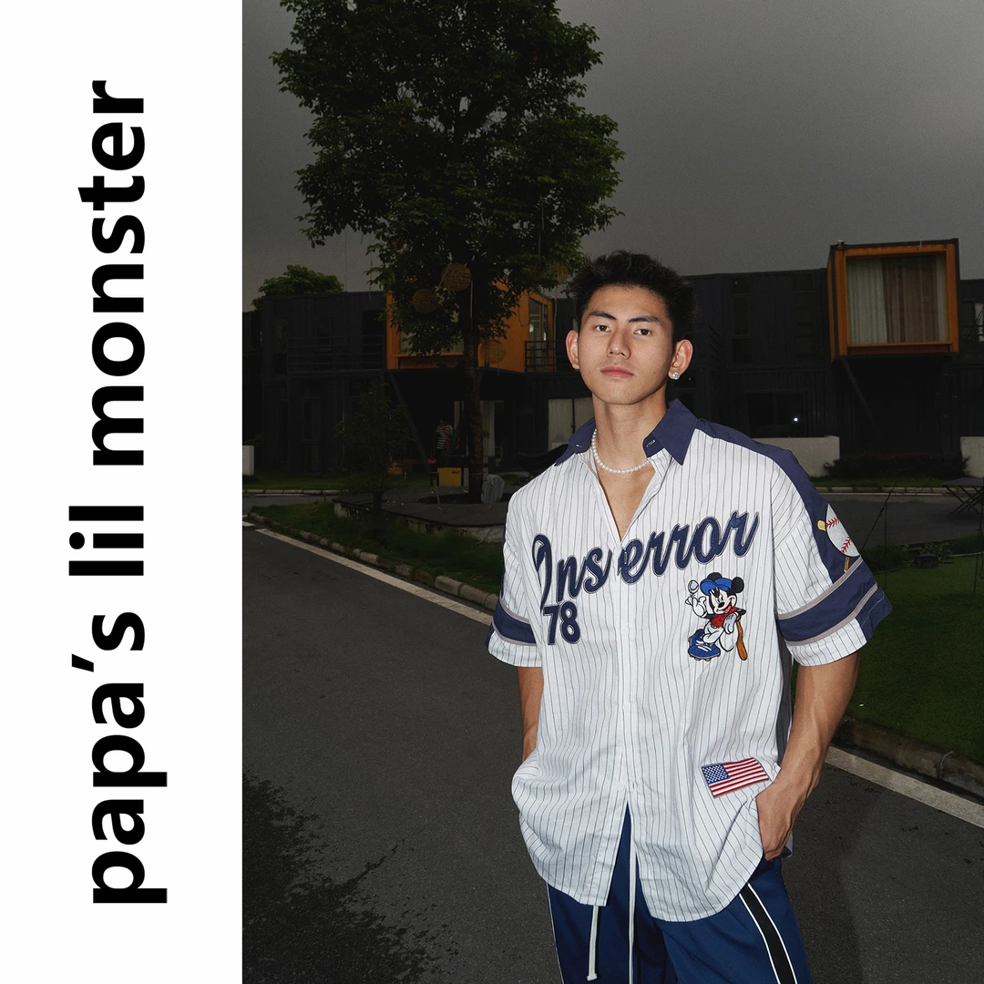 lil monster夏季美式细条纹多拼接衬衫 贴布绣设计复古宽松运动感