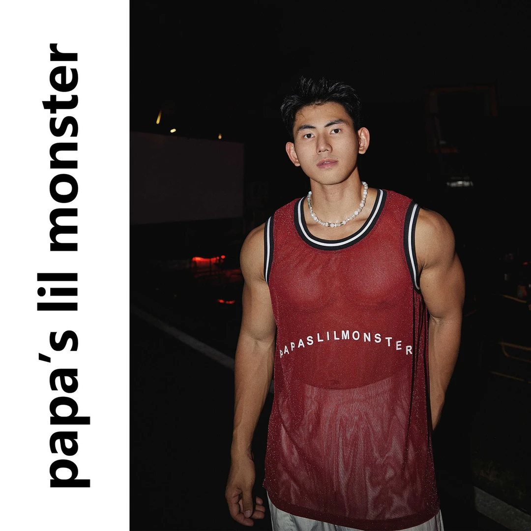 PAPASLILMONSTER【原创】美式休闲无袖运动背心 速干透视篮球衣男