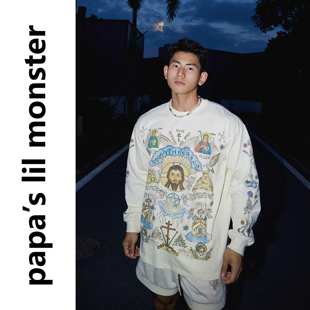 PAPASLILMONSTER美式街头嘻哈手绘涂鸦复古小天使印花长袖T恤男女