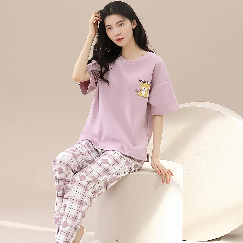 100%纯棉睡衣女春夏短袖长裤套装休闲家居服可外穿大码宽松新款