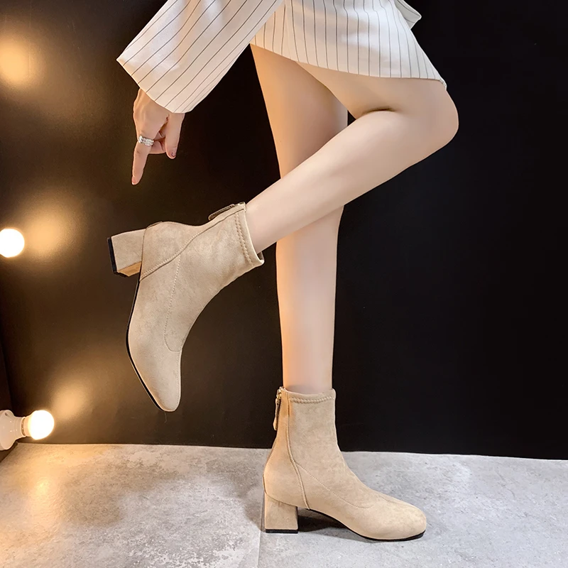 绒面靴子女短靴2024年新款春秋单靴粗跟中跟瘦瘦靴时尚潮流弹力靴