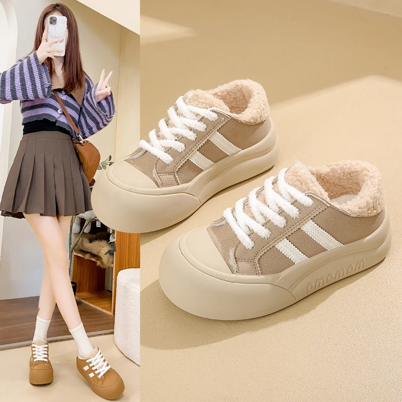 休闲板鞋女2024冬季新款韩版百搭加绒运动鞋女平底系带时尚跑步鞋