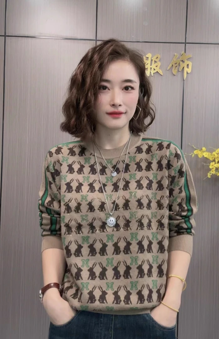 2024秋冬季新款女士针织衫拼色宽松毛衣大码女装时尚洋气打底上衣