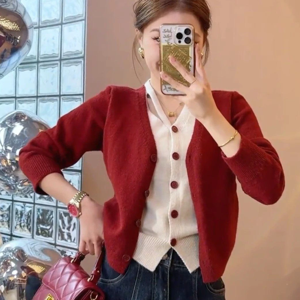 2024秋冬新款韩版假两件撞色显瘦开衫毛衣外套女气质百搭针织上衣