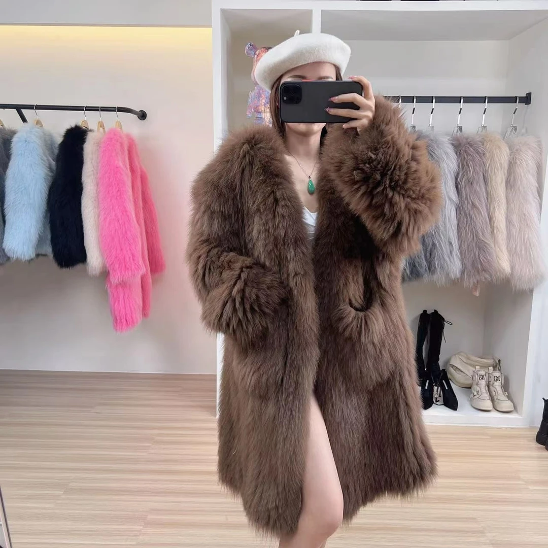 海宁22010冬季女长款狐狸毛双面编织现货女款百搭拼接时尚外套